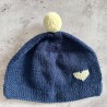 Bonnet Bébé 3 mois - Uni Bleu - Cœur Beige