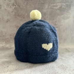 Bonnet Bébé 3 mois - Uni Bleu - Cœur Beige