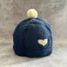 Bonnet Bébé 3 mois - Uni Bleu - Cœur Beige