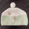 Bonnet Bébé 3 mois – Vert Blanc – Pattes de Chat Brun