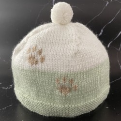 Bonnet Bébé 3 mois – Vert Blanc – Pattes de Chat Brun